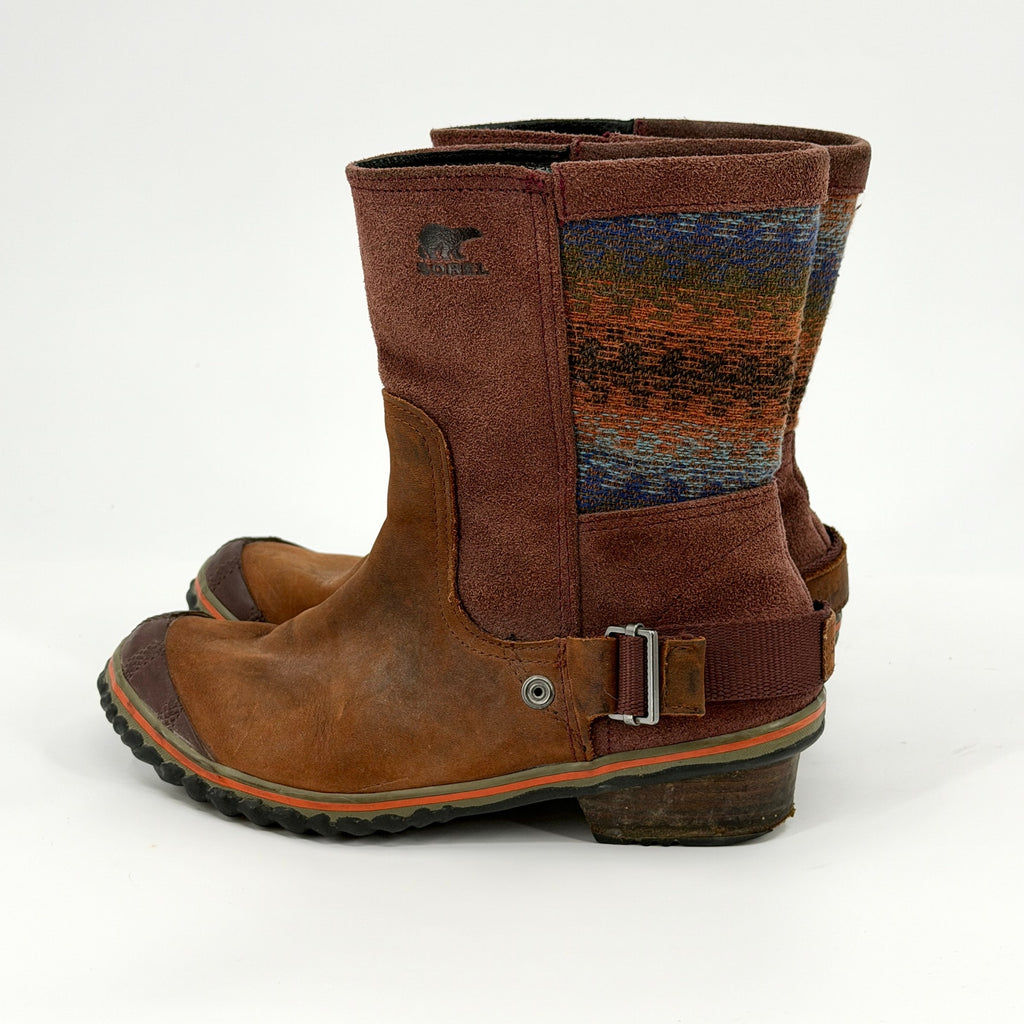 Sorel Brown Genuine Leather Suede Southwestern Woven Pull On Boots
