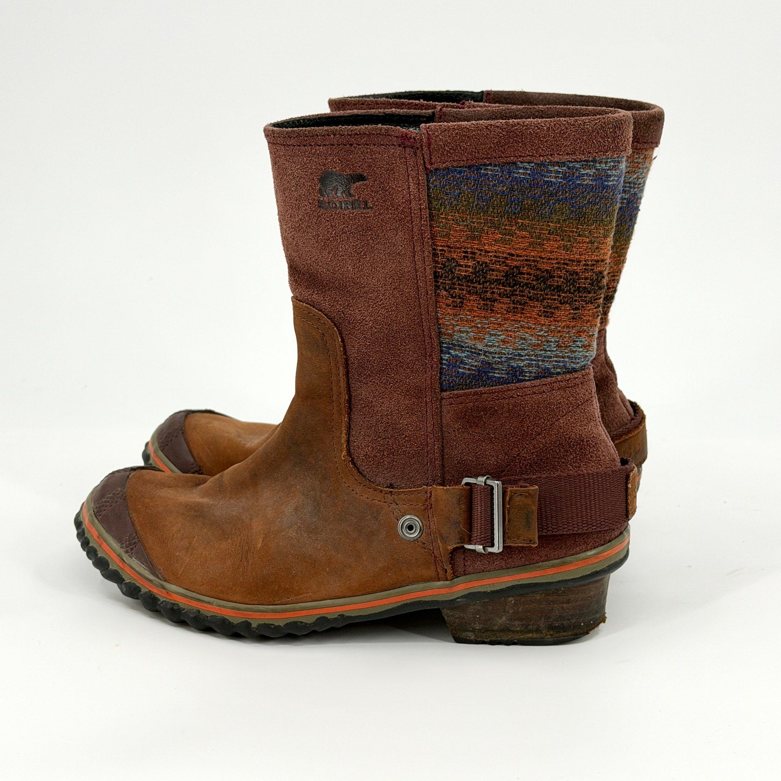 Sorel Brown Genuine Leather Suede Southwestern Woven Pull On Boots