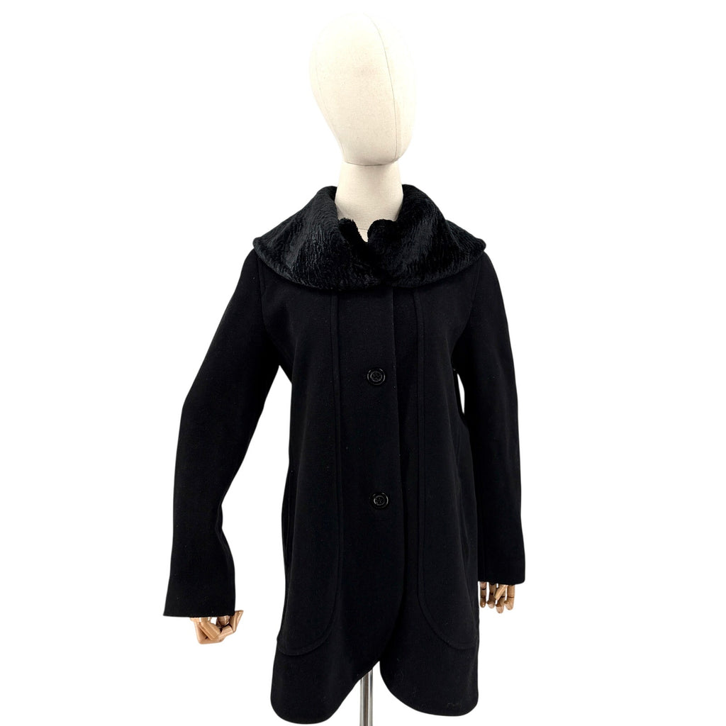 Vintage Y2K Tahari Black 100% Wool Swing Faux faux Persian Lamb Collar Coat