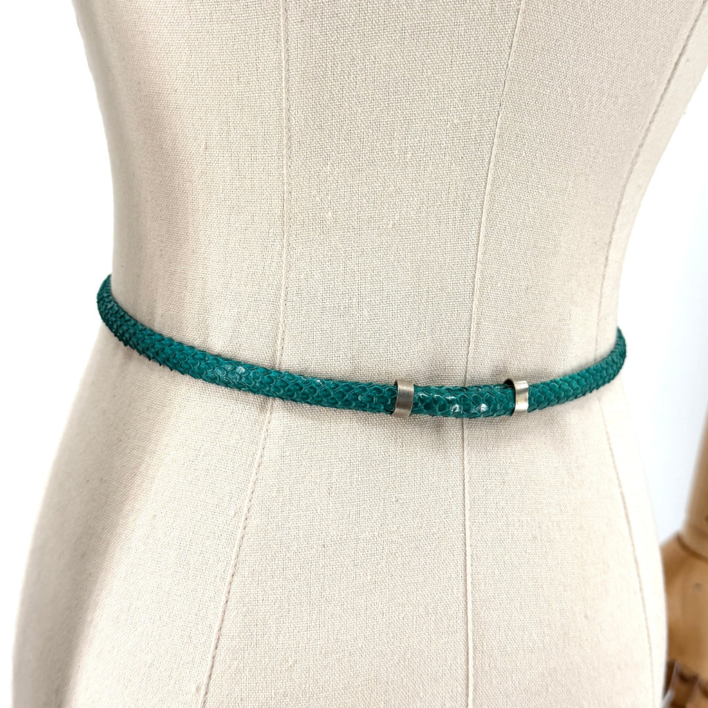 Vintage 90s Green Teal Genuine Snakeskin Super Skinny Belt