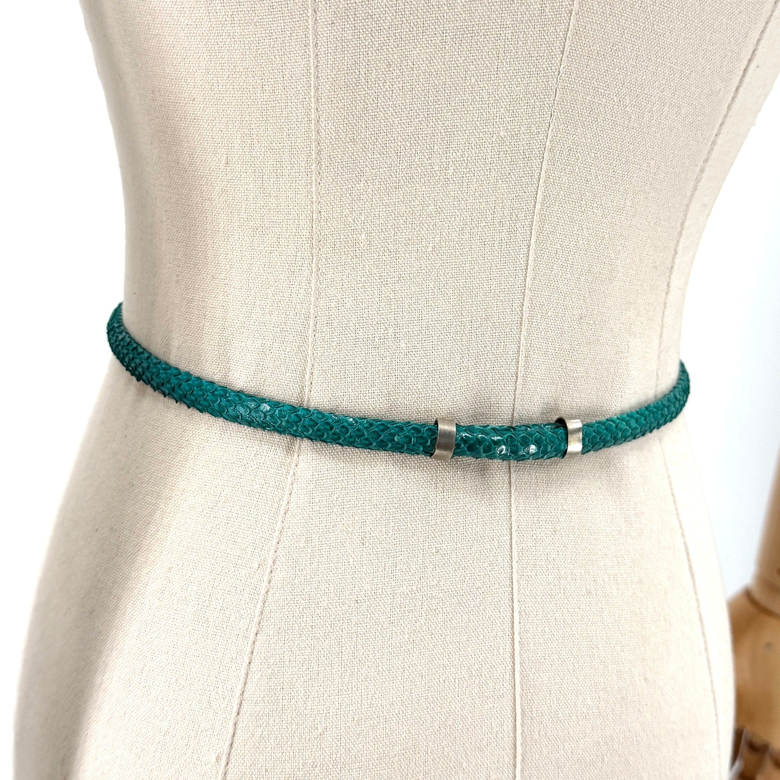 Vintage 90s Green Teal Genuine Snakeskin Super Skinny Belt