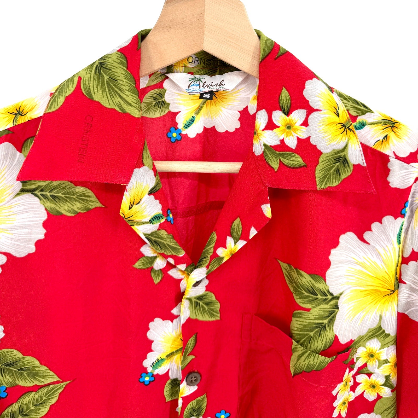 Alvish Red Yellow White Tropical Floral Hawaiian Short Sleeve Shirt