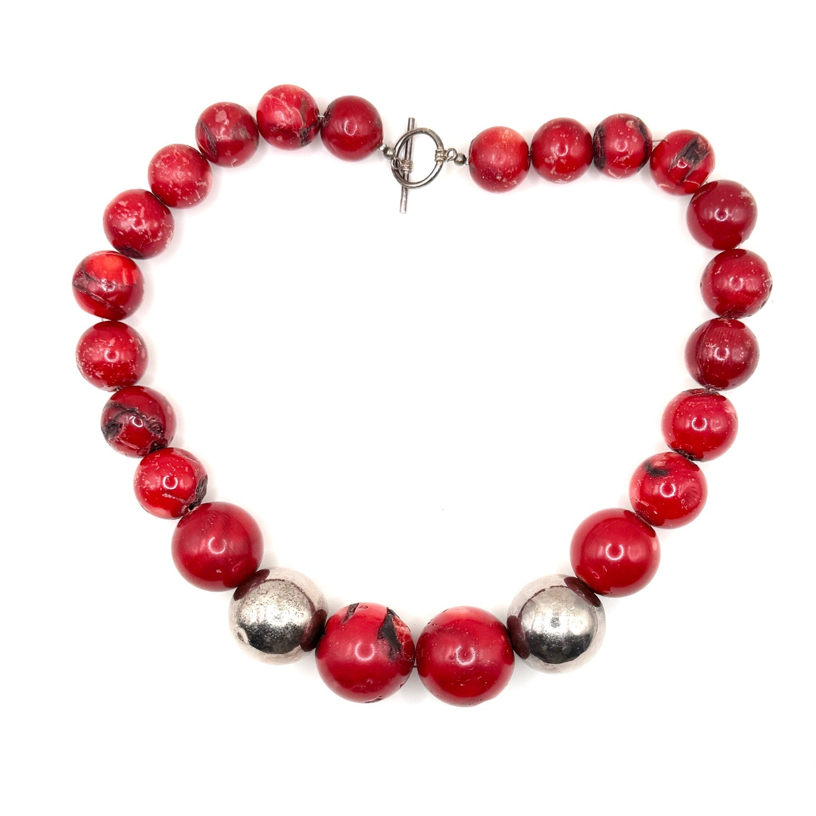 Vintage 90s Massive Genuine Red Coral Chunky Silver Toggle Statement Necklace