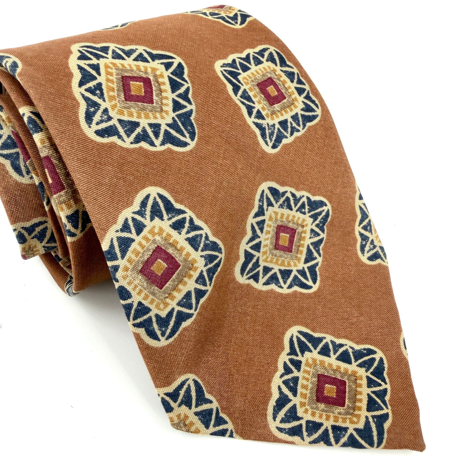 Vintage 90s Accents by Isaac Zelcer Beige Geometric 100% Silk Abstract Necktie