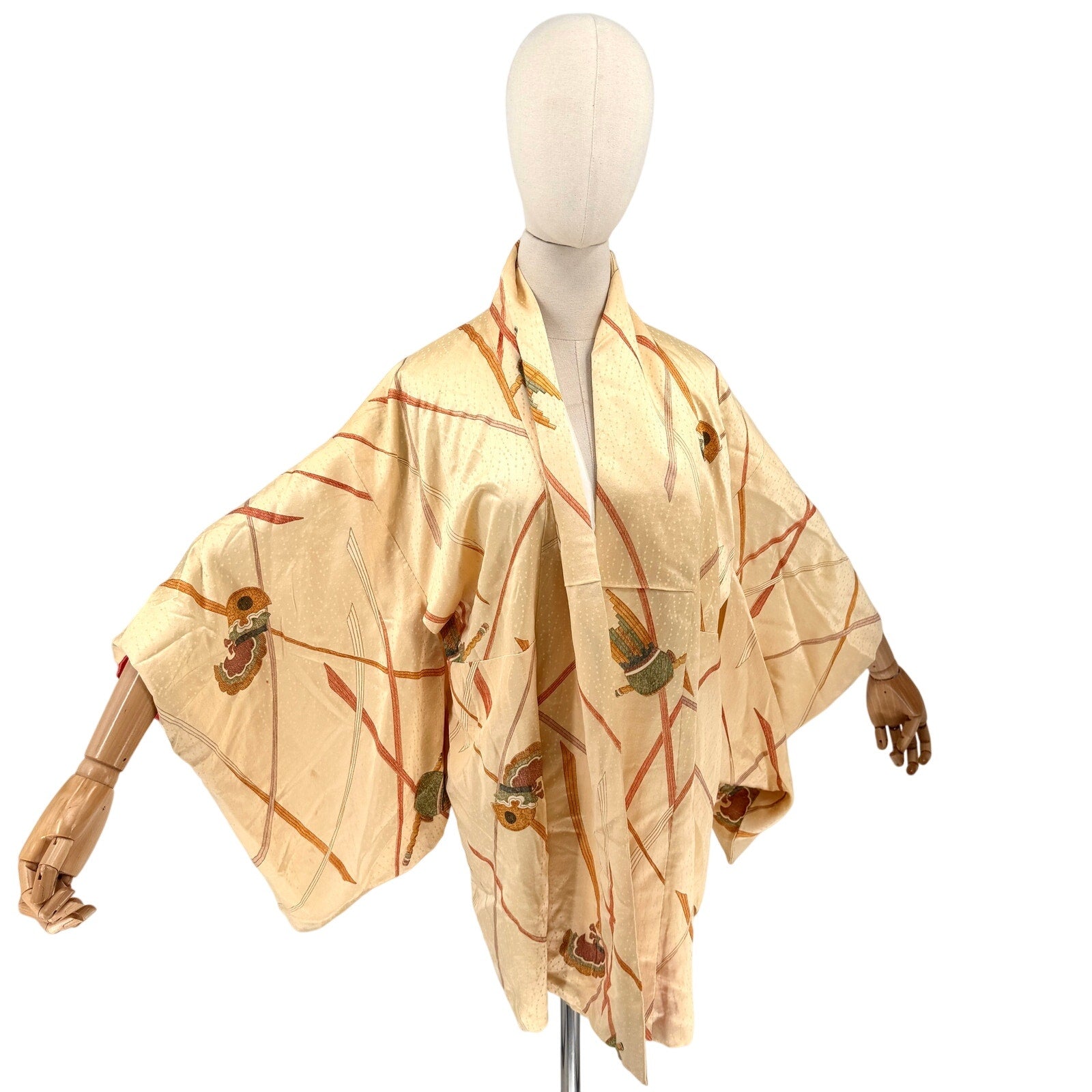 Vintage 80s Yellow Gold 100% Silk Satin Abstract Haori Kimono