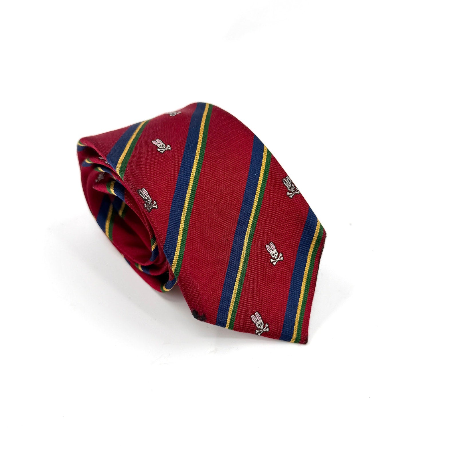 Psycho Bunny Red 100% Silk Striped Crest Traditional Necktie