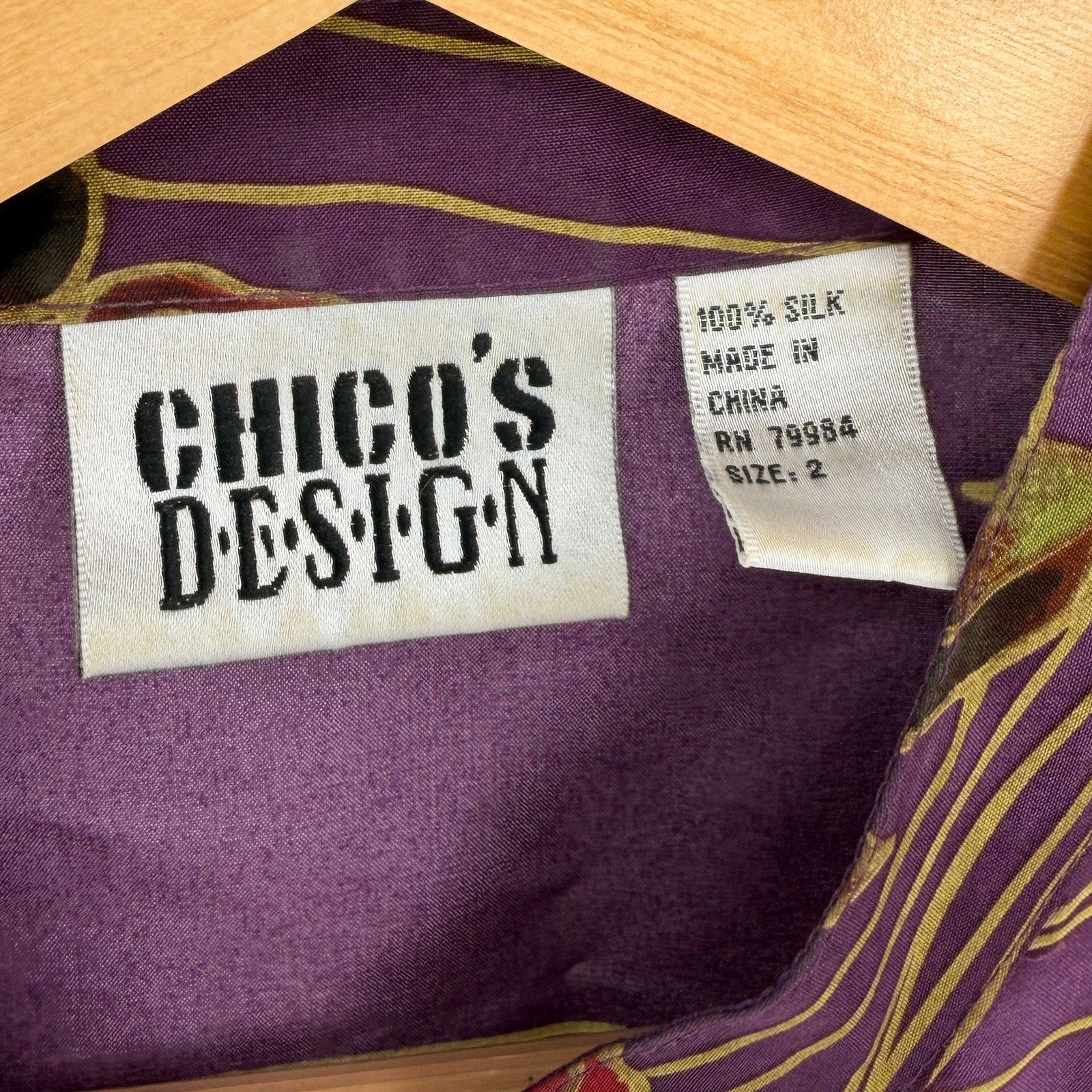 Vintage 90s Chico's Purple 100% Silk Floral Frog Button Mandarin Blouse