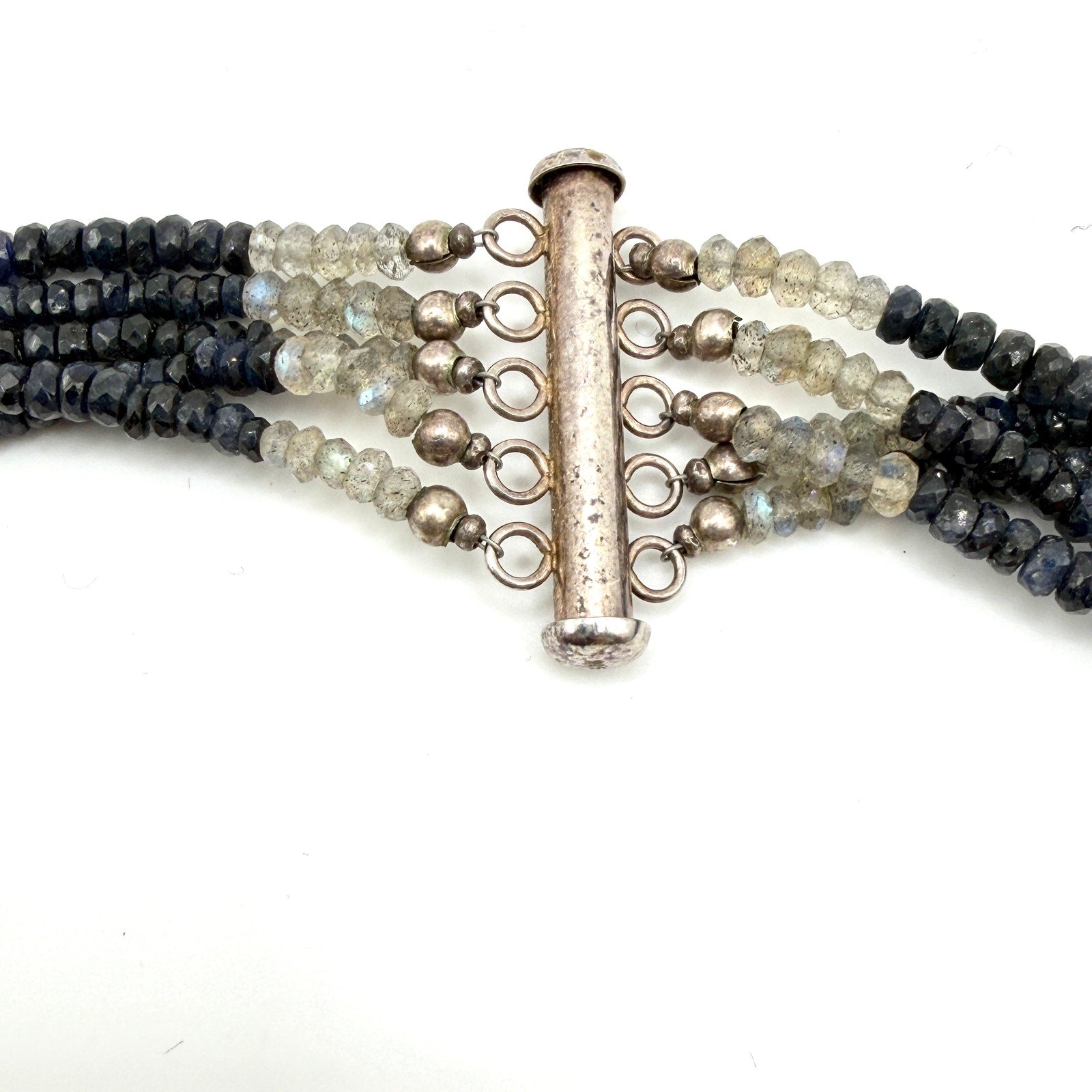 Vintage 90s Sterling Silver Sapphire Labradorite Graduated Multi Strand Necklace