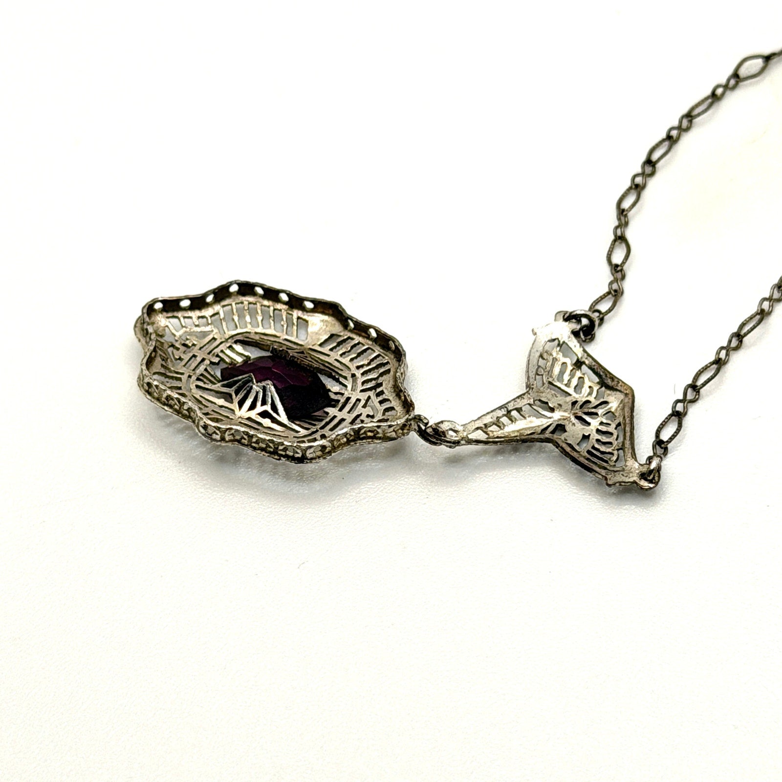 Vintage 20s Art Deco Purple Amethyst Filigree Silver Tone Lavalier Necklace