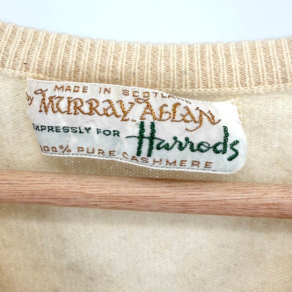 Vintage 70s Murray Allen Harrods Cream 100% Cashmere Argyle V-Neck Sweater