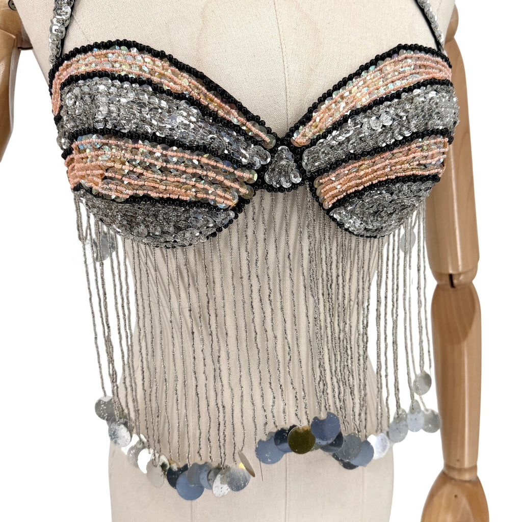Vintage Y2K Silver Peach Sequin Beaded Fringe Showgirl Costume Bra Top