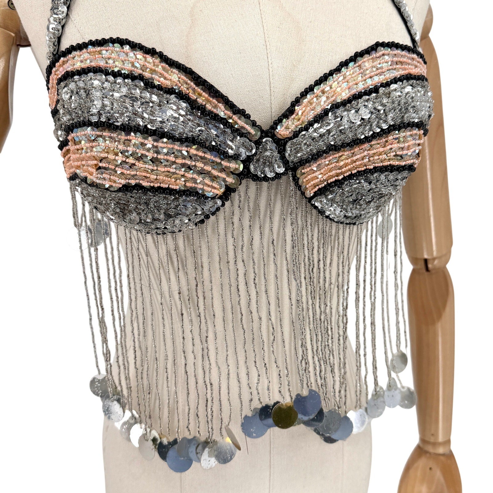 Vintage Y2K Silver Peach Sequin Beaded Fringe Showgirl Costume Bra Top