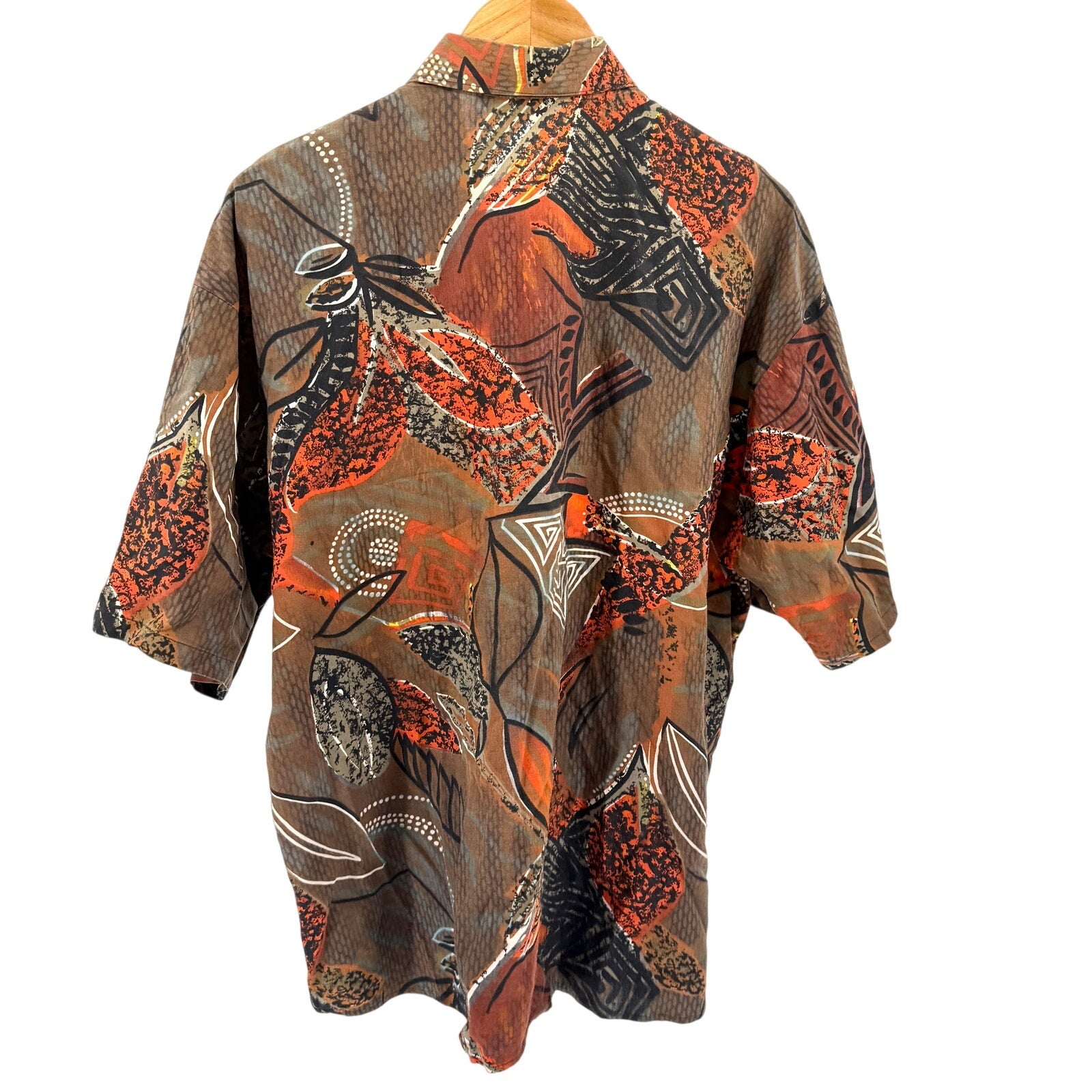 Vintage 90s Phase II Brown Orange Abstract Geometric Short Sleeve Button Up