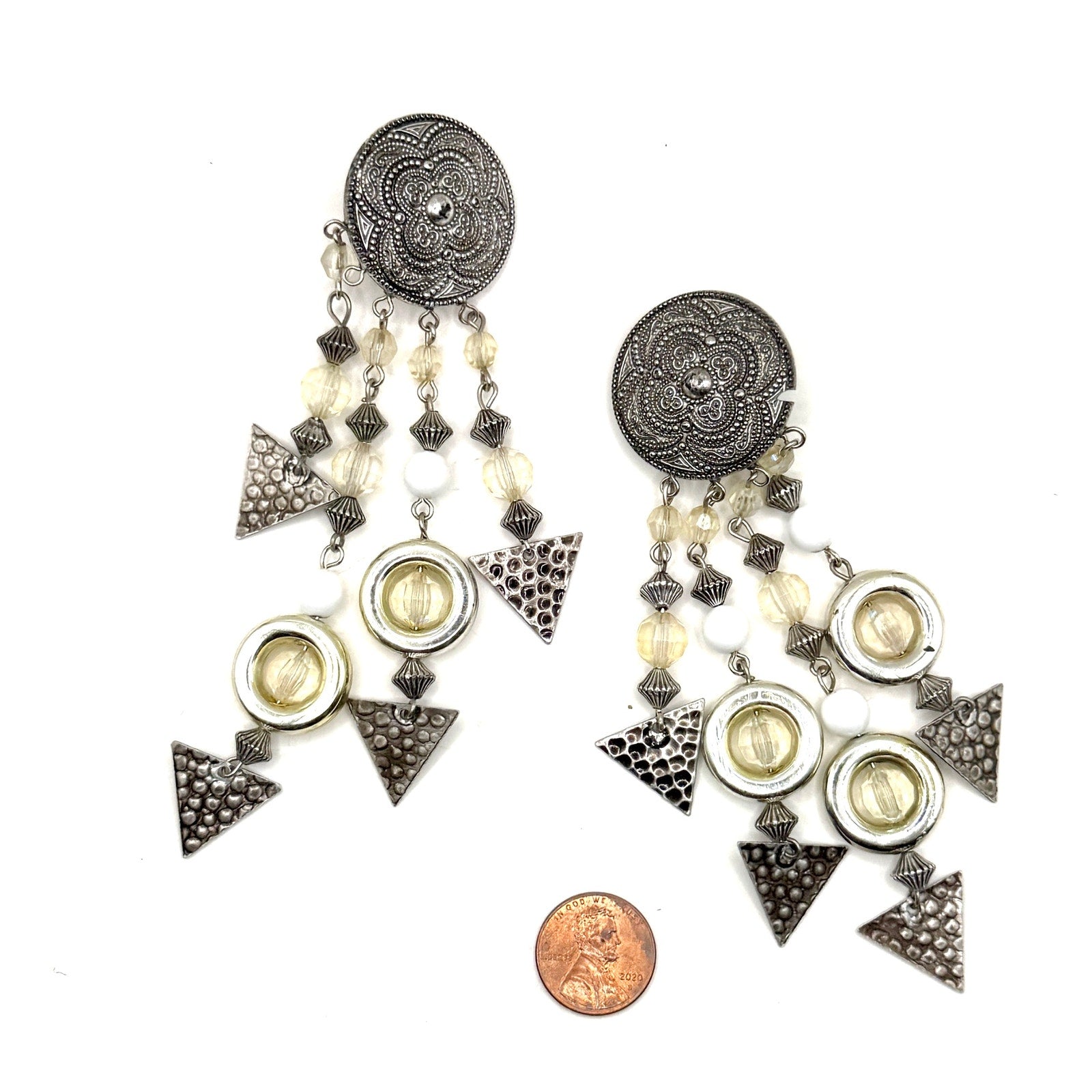 Vintage 80s Silver White Lucite Geometric Chandelier Statement Clip On Earrings