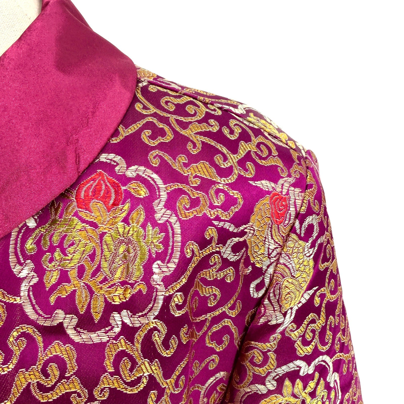 Vintage 90s Purple and Gold Satin Floral Chinese Frog Closure Jacket