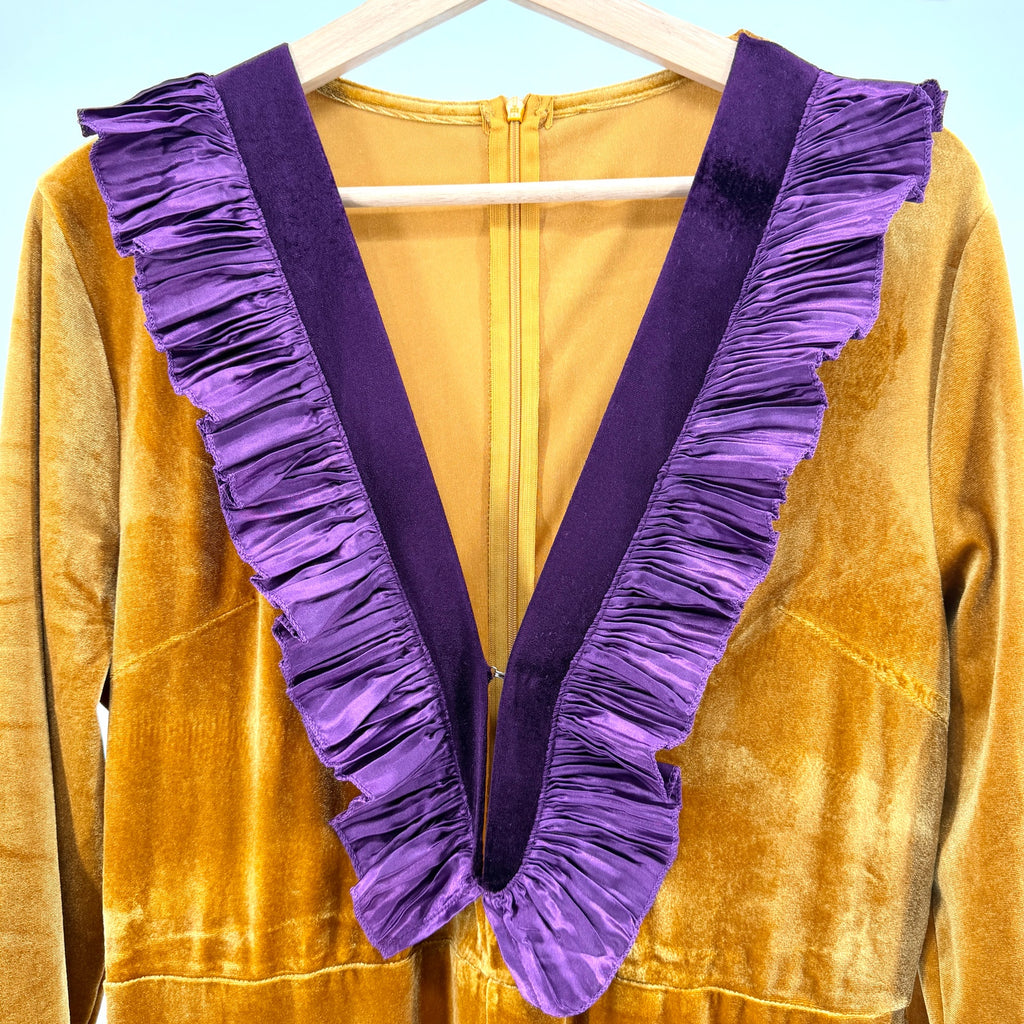 Gold Velvet Purple Ruffle Deep V-Neck Mermaid Jumpsuit