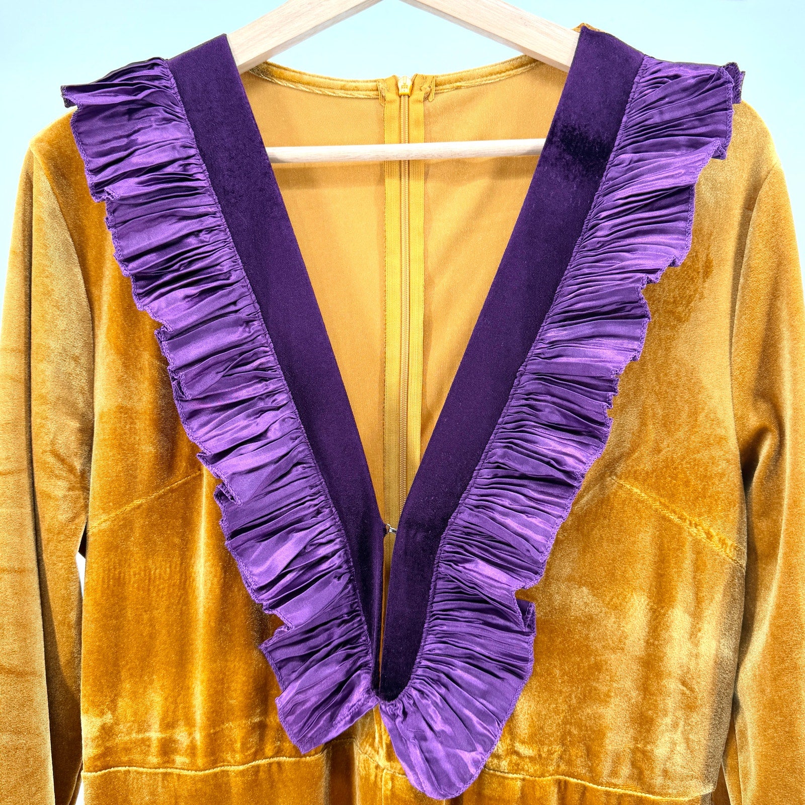 Gold Velvet Purple Ruffle Deep V-Neck Mermaid Jumpsuit