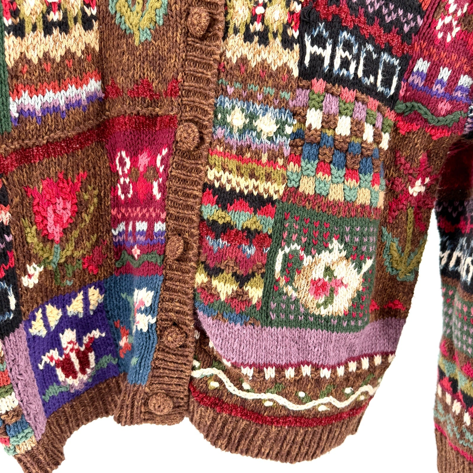 Vintage 90s Tiara International Brown Cottagecore Floral Patchwork Cardigan