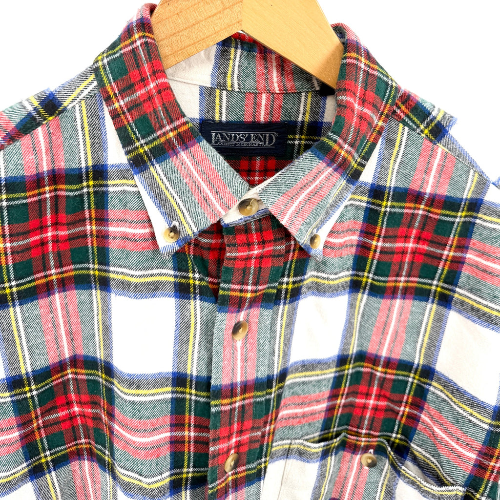 Vintage 90s Lands' End White Red Plaid 100% Cotton Button Down Flannel Shirt