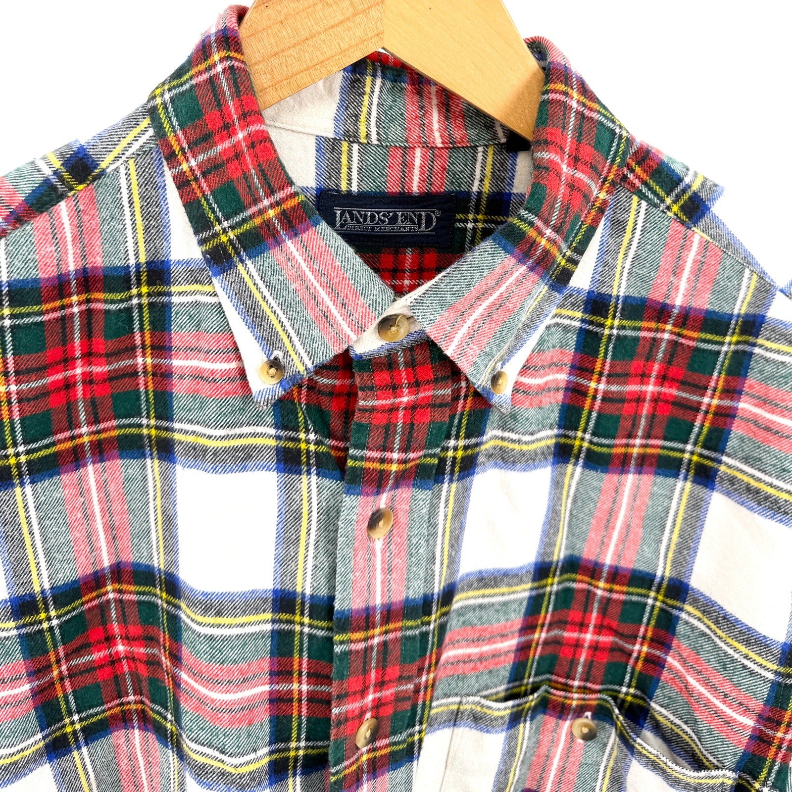 Vintage 90s Lands' End White Red Plaid 100% Cotton Button Down Flannel Shirt