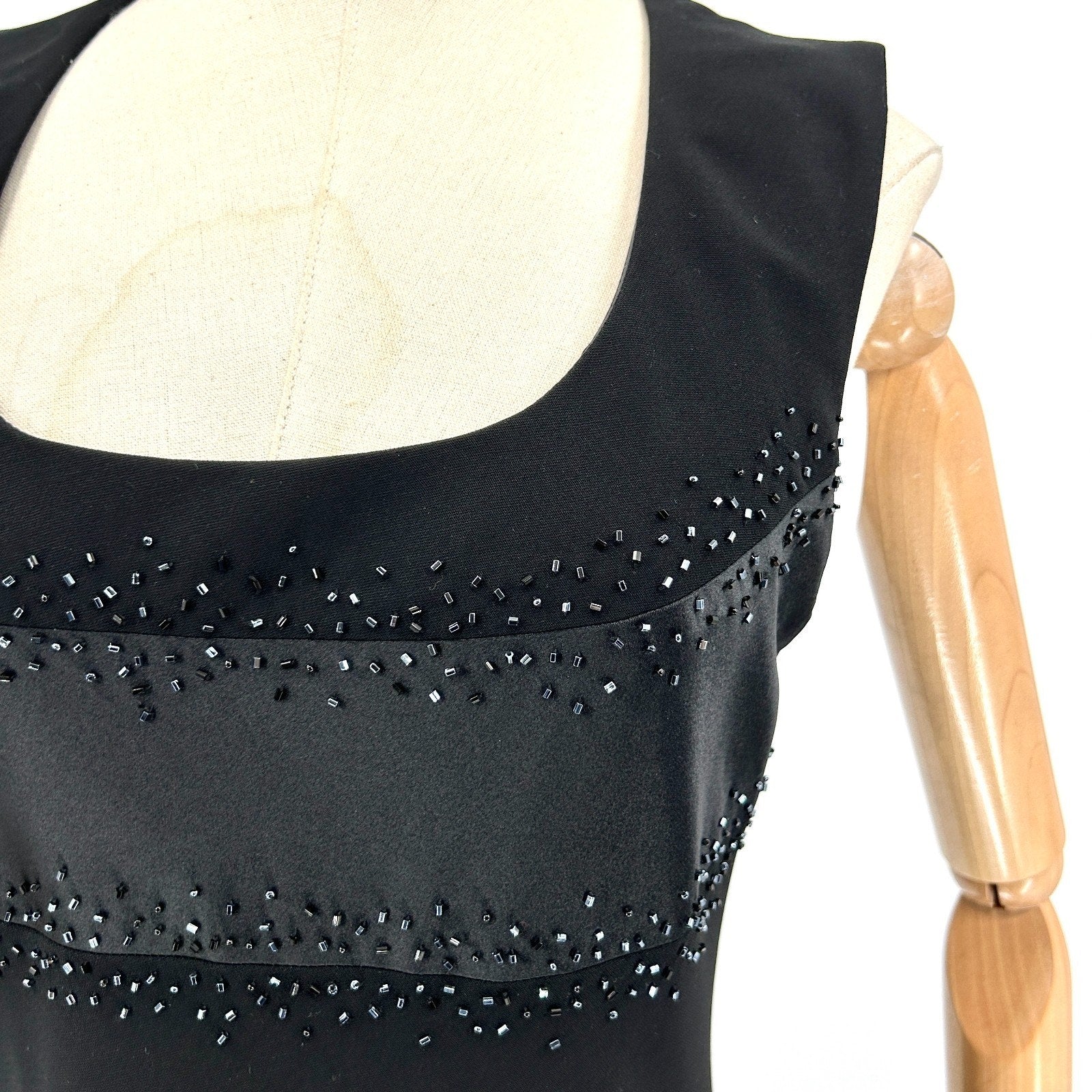 Vintage 90s Evan-Picone Black Beaded Satin Trim Cocktail Midi Dress