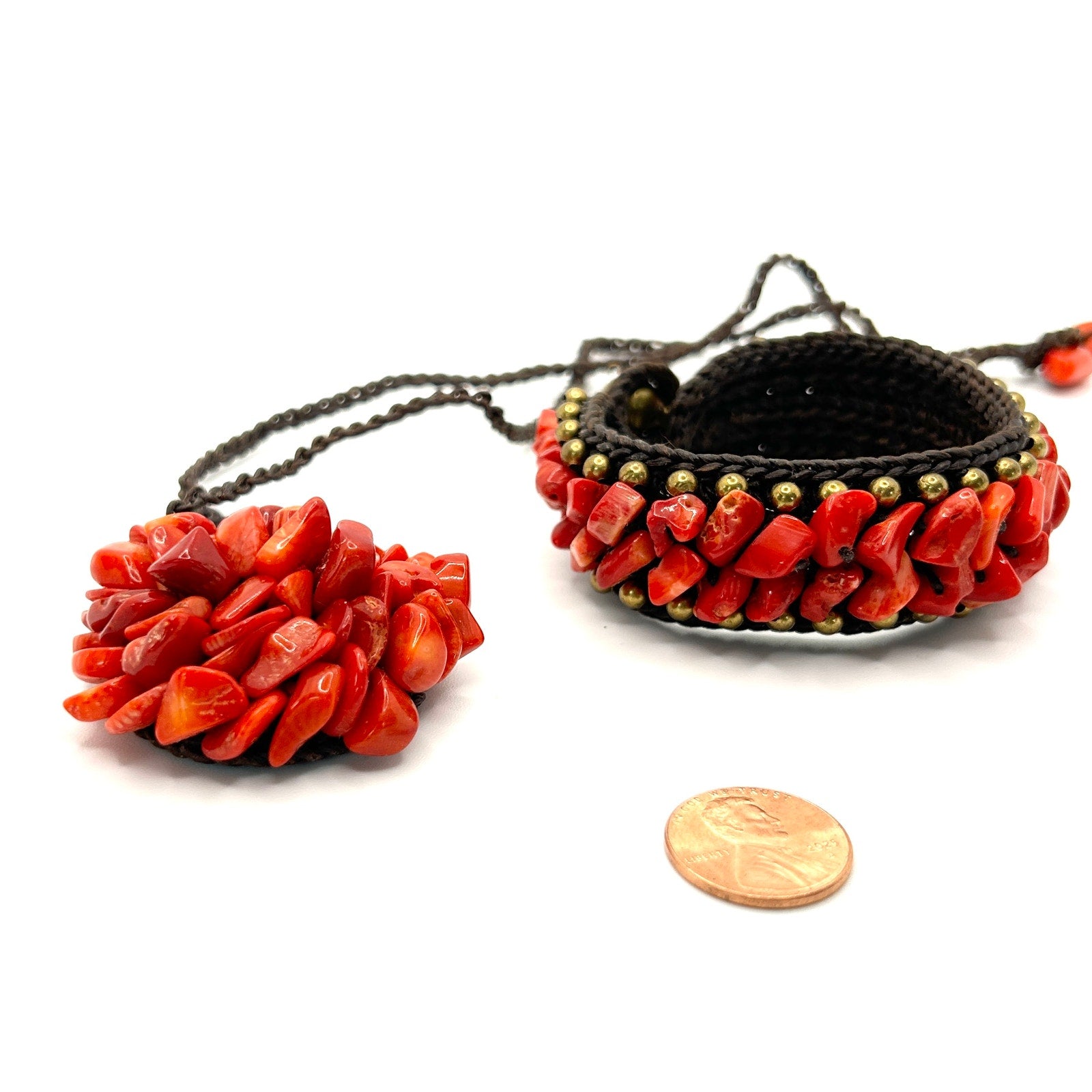 Vintage 90s Genuine Coral Red Nugget Pendant Necklace Bracelet Cuff Set