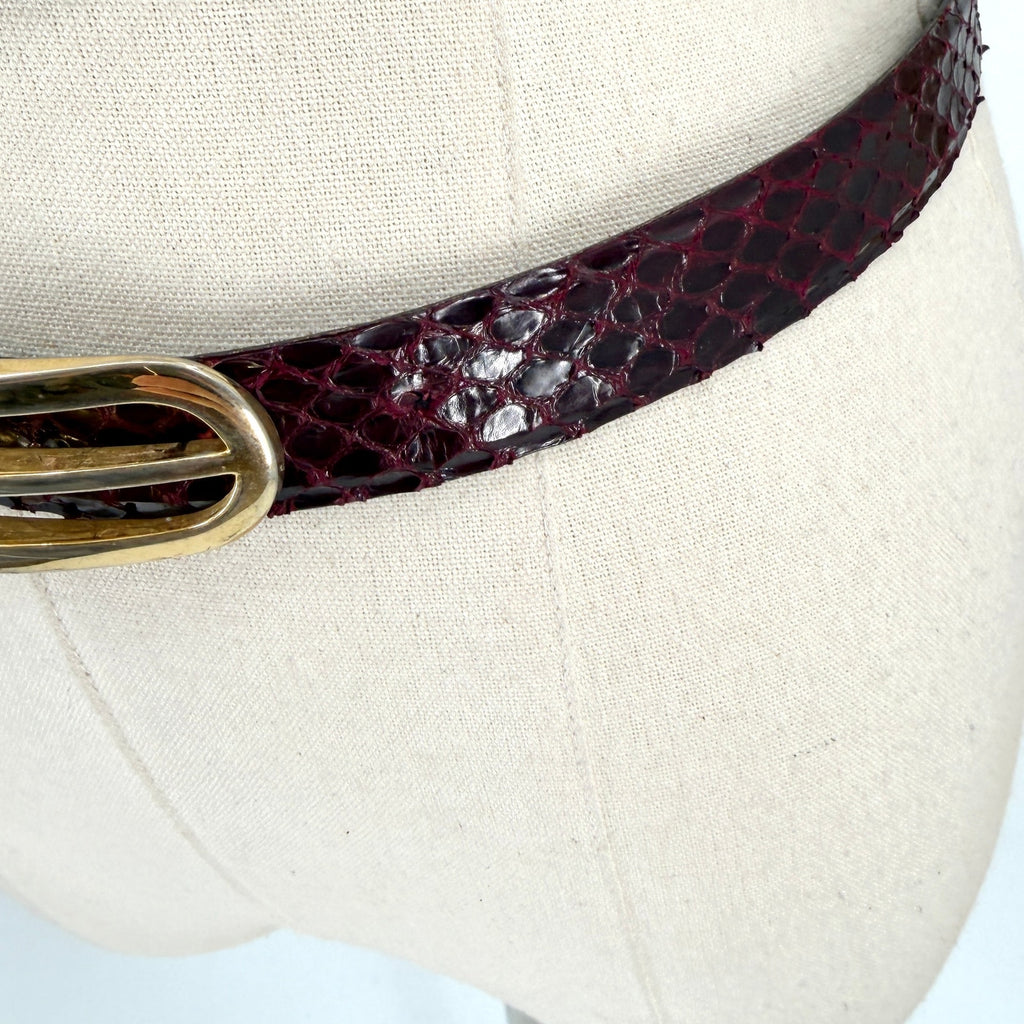 Vintage 80s Medici Burgundy Genuine Snakeskin Gold Buckle Belt