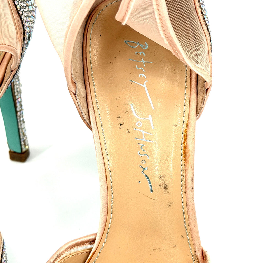 Betsey Johnson Iris Blush Pink Rhinestone Lace  Ribbon Tie Stiletto Heels