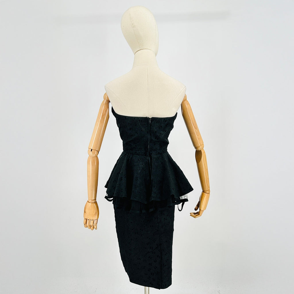 Vintage 60s Black Velvet Flocked Taffeta Strapless Peplum Dress