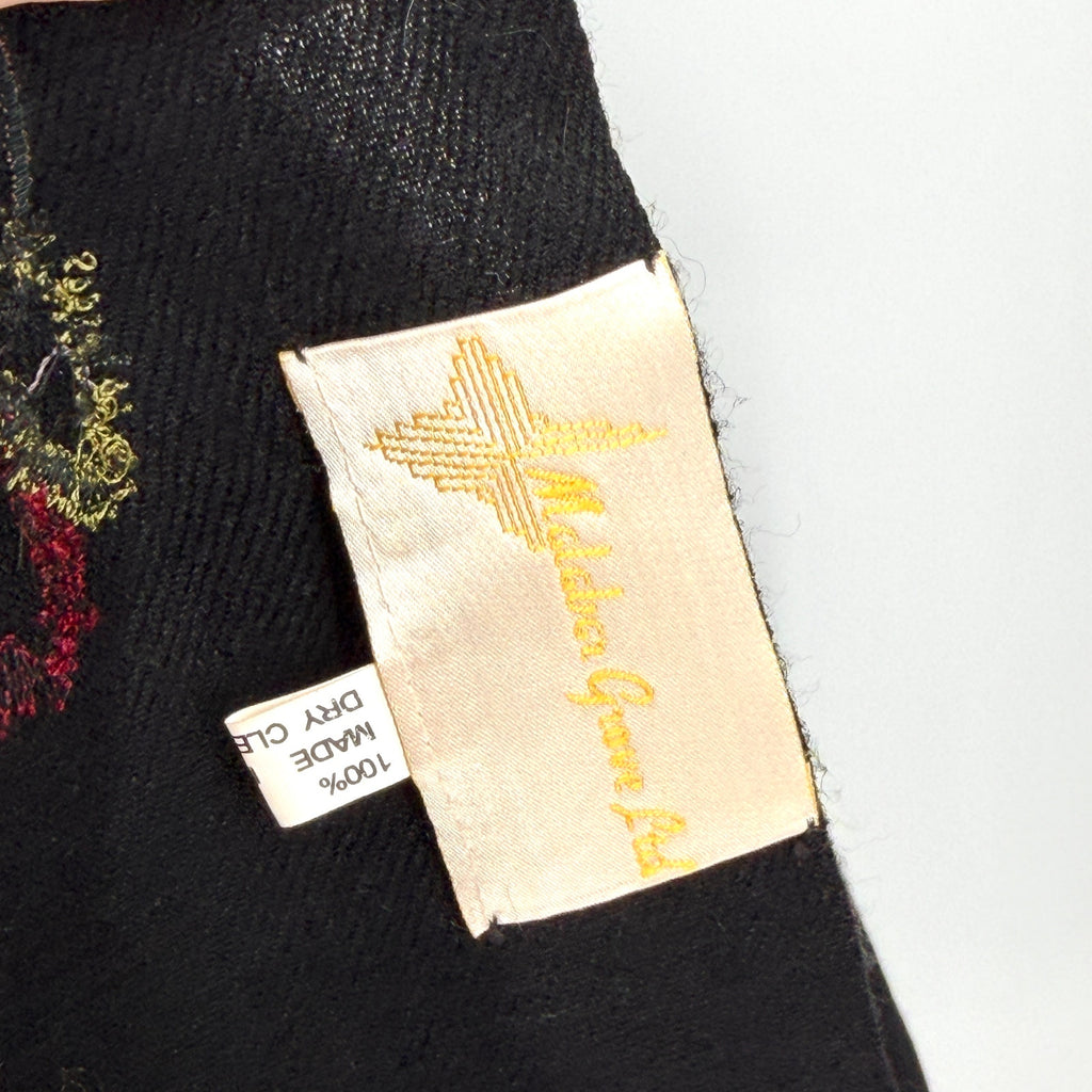 Vintage 90s Malabar Grove Black 100% Wool Velvet Applique Beaded Fringe Shawl