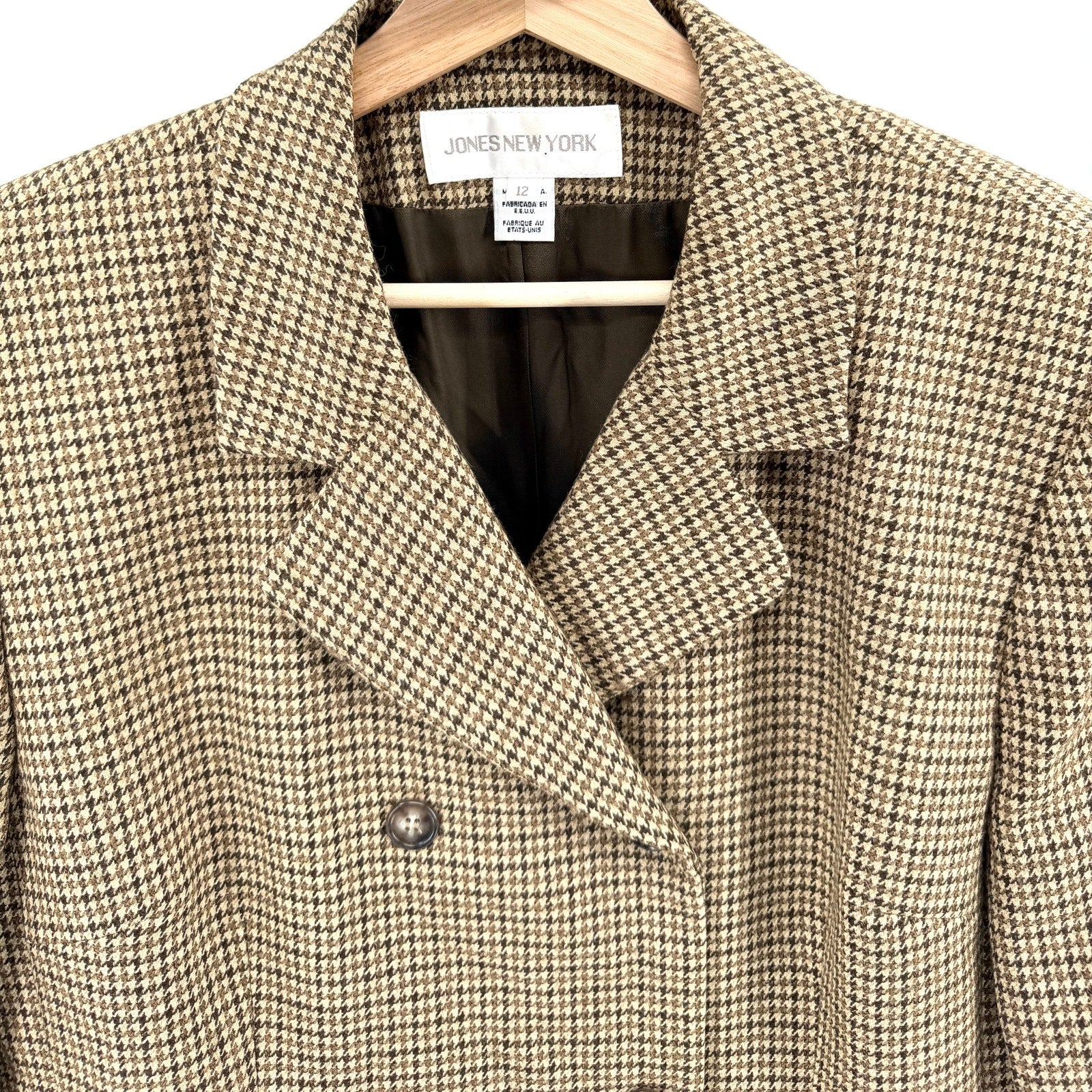 Vintage 90s Jones New York Brown Worsted Wool Tailored Double Breasted Blazer