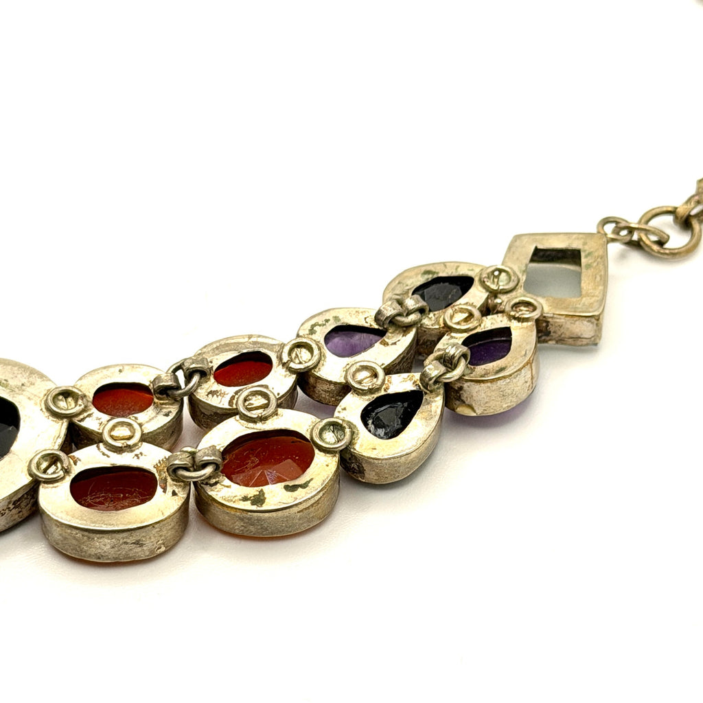 Vintage 90s Stamped Taxco Sterling Silver Multistone Statement Bib Necklace