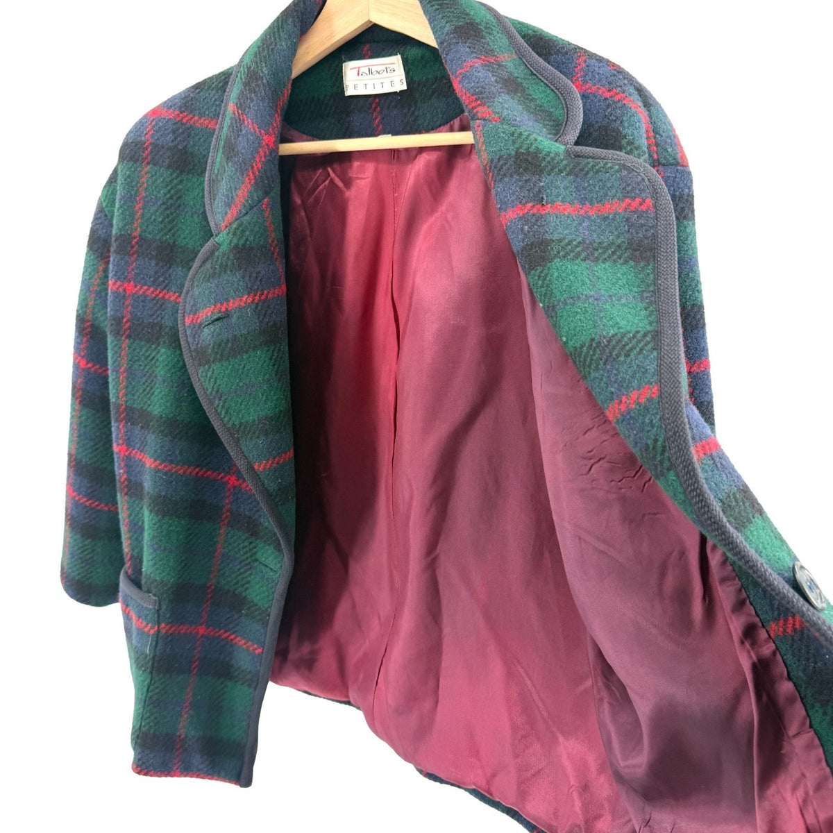 Vintage 90s Talbots Green Blue Tartan Wool Shawl Collar Jacket