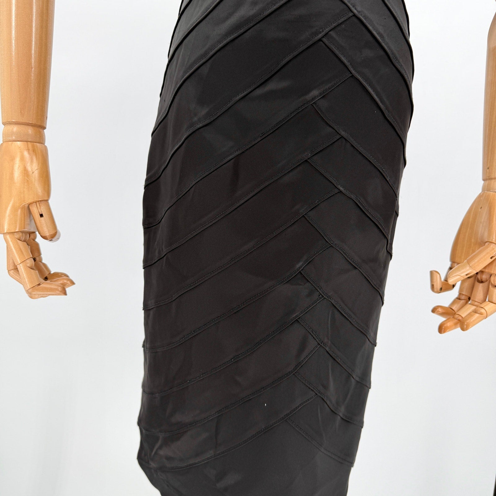 Vintage 90s Tadashi Black Satin Halter Neck Bodycon Bandage Midi Dress