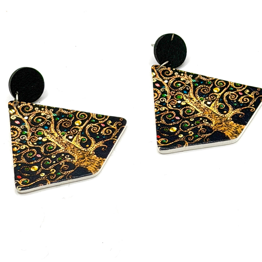 Vintage 90s Printed Wood Gustav Klimt Tree of Life Geometric Drop Earrings