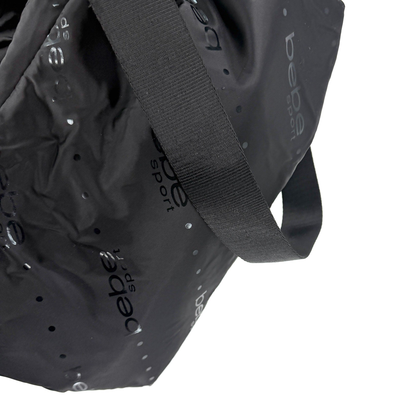 Vintage Y2K Bebe Sport Black Satin Logo Print Bungee Backpack