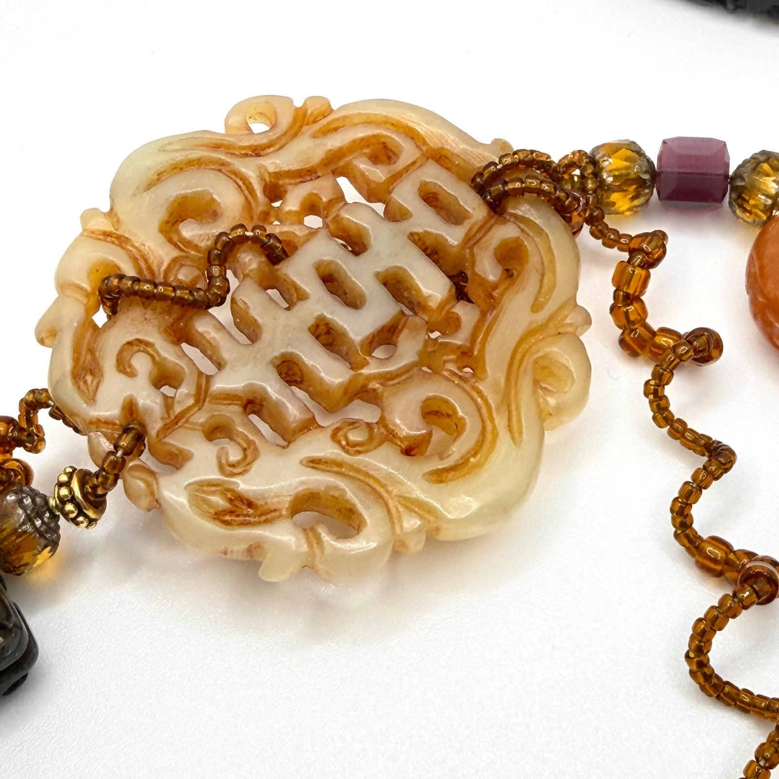 Vintage 90s Earthy Brown Resin Jade Carnelian Deity Statement Necklace