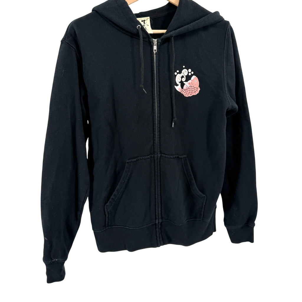 Little Romance Black Japanese Streetwear 100% Cotton Koi Fish Crane Zip Hoodie