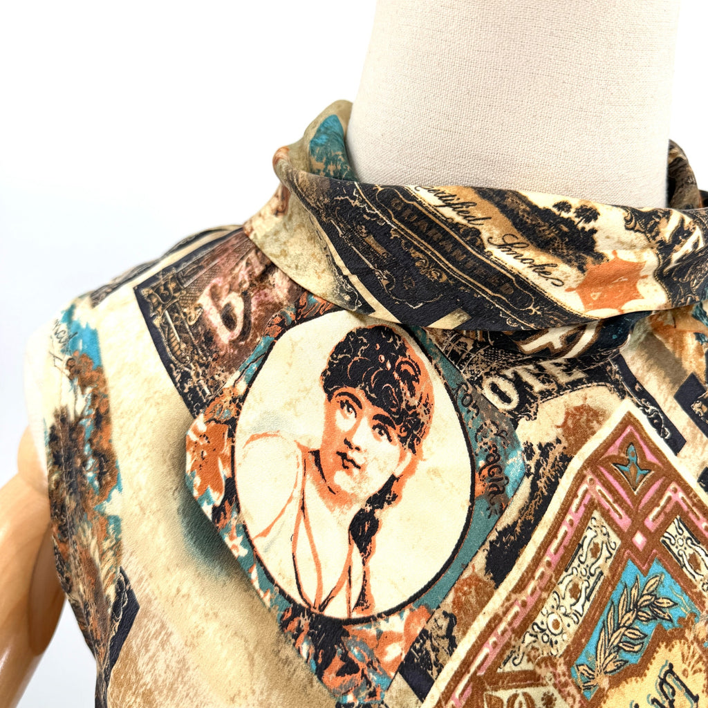 Vintage Y2K Double D Ranch Brown 100% Silk Ephemera Print Blouse Skirt Set