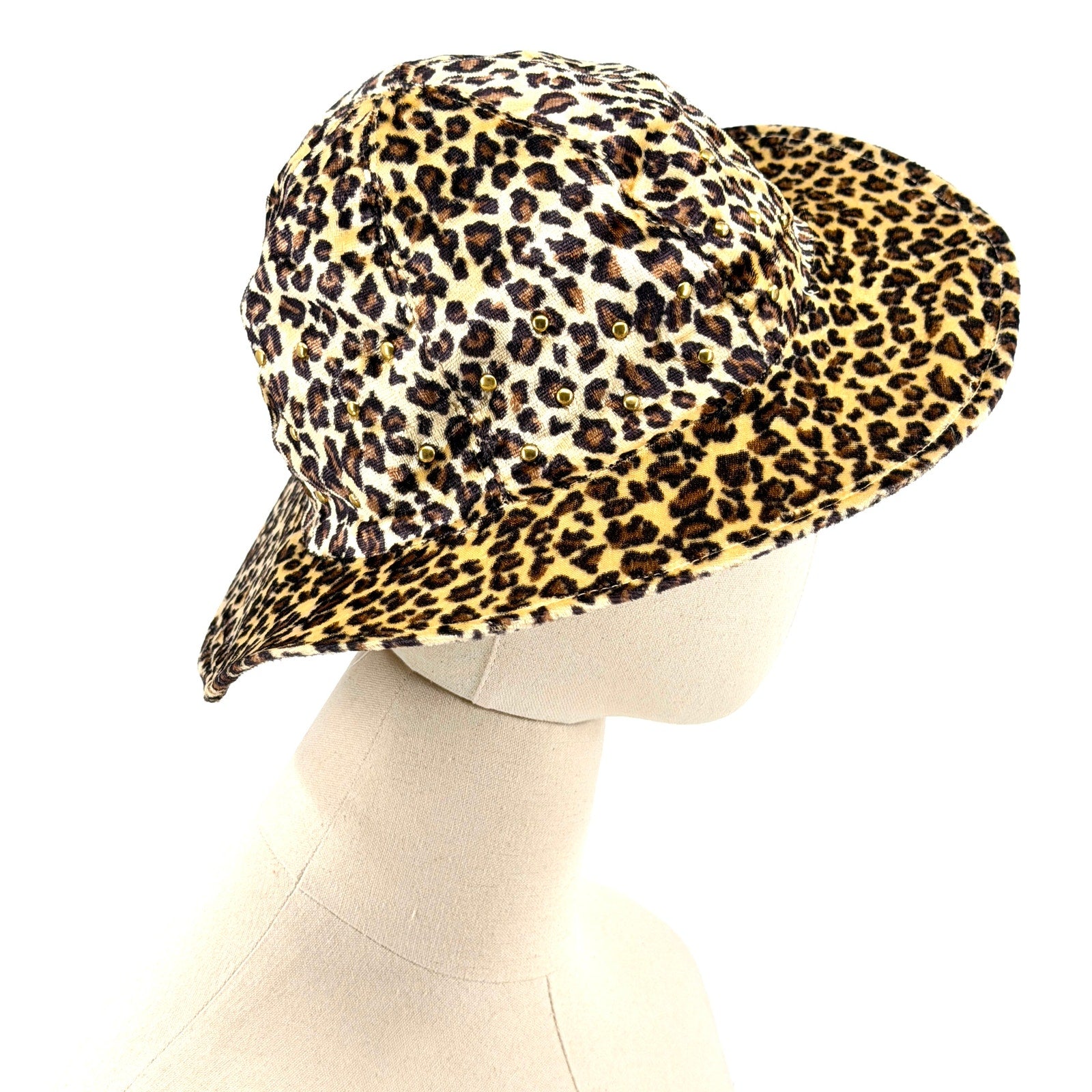 Vintage 90s Leopard Velvet Gold Studded Wire Brim Bucket Hat