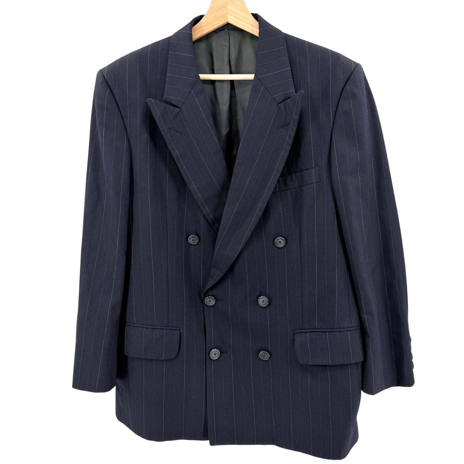 Vintage 90s Burberry Navy Blue 100% Wool Pinstripe Double Breasted Blazer