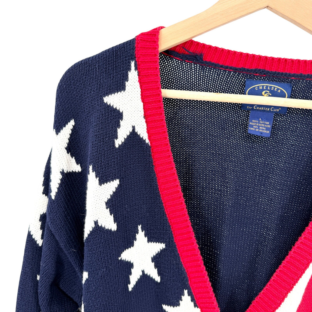 Vintage 90s Chelsea Charter Club Navy Red White 100% Cotton Cardigan