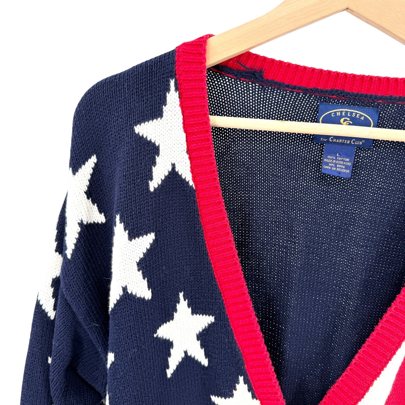 Vintage 90s Chelsea Charter Club Navy Red White 100% Cotton Cardigan