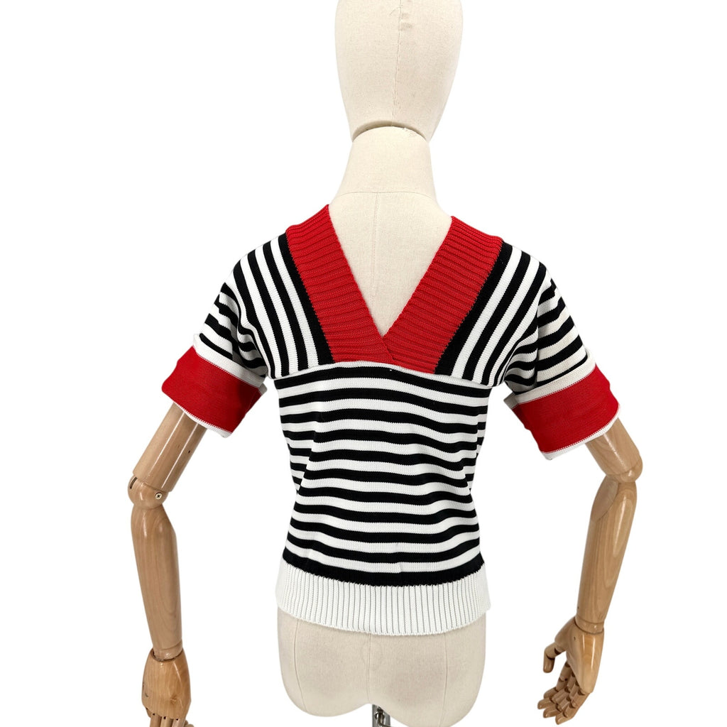 Vintage 70s Booth Bay Black White Red Stripe Nautical Knit V-Neck Sweater Top