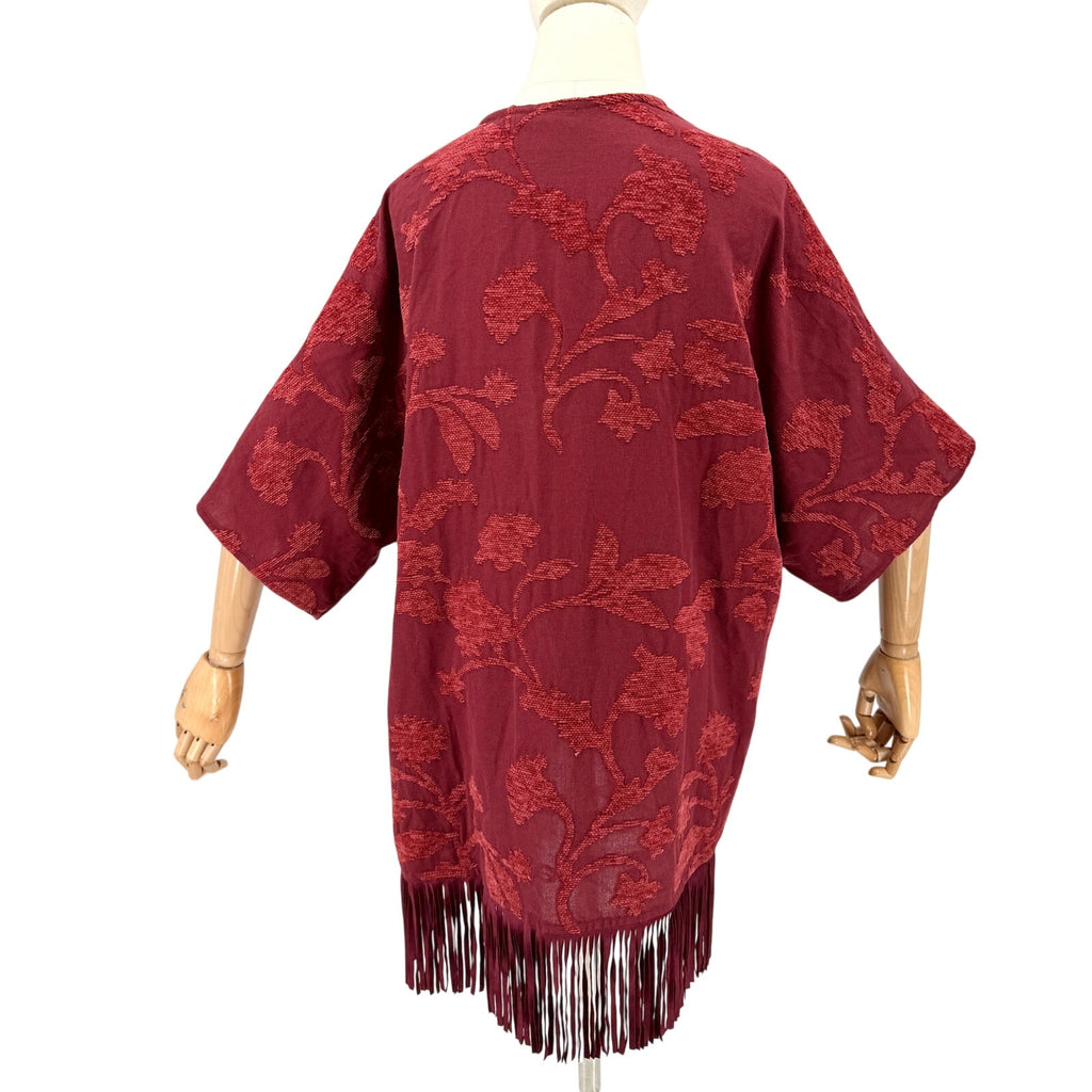 Chico's Maroon Burnout Floral Fringe Ruana Kimono