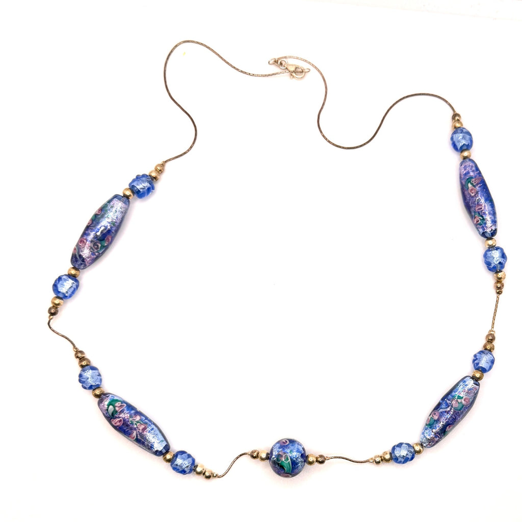 Vintage 90s Blue Glass Lampwork Floral Hand Blown Necklace
