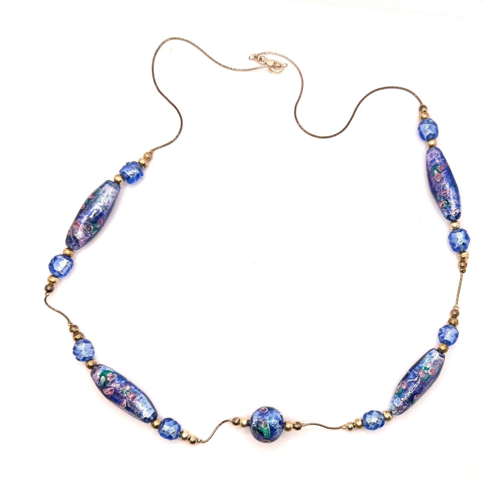 Vintage 90s Blue Glass Lampwork Floral Hand Blown Necklace