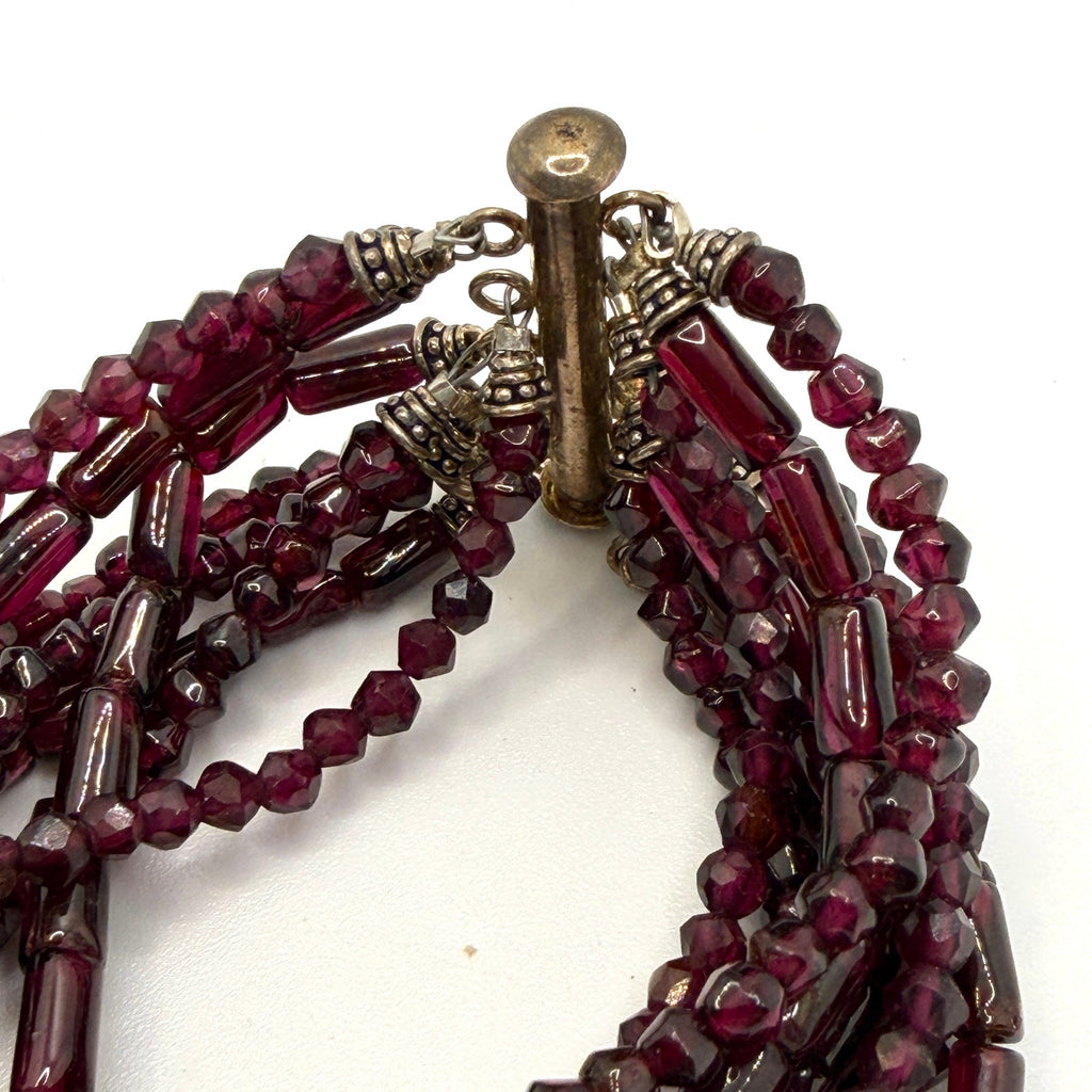Vintage 90s Red Garnet Boho Multi Strand Beaded Slide Clasp Bracelet