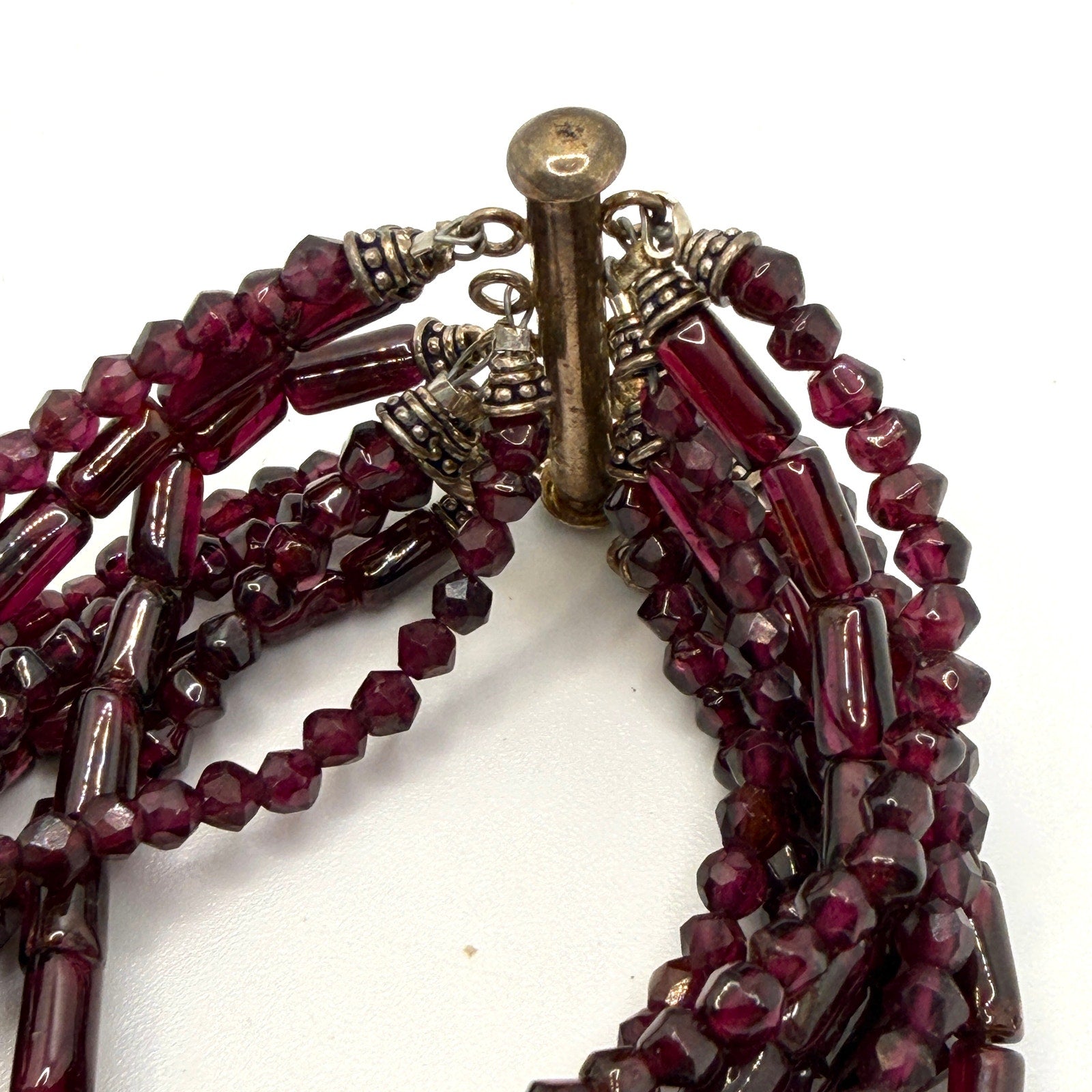 Vintage 90s Red Garnet Boho Multi Strand Beaded Slide Clasp Bracelet