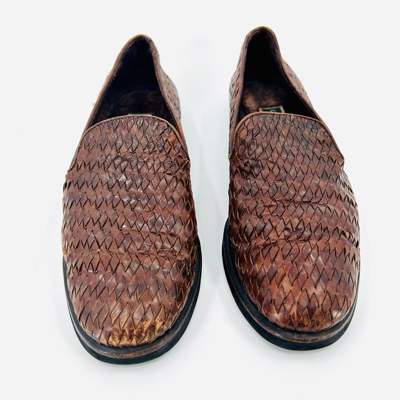 Vintage 80s Cole Haan Brown Woven Leather Loafers Made in Brazil